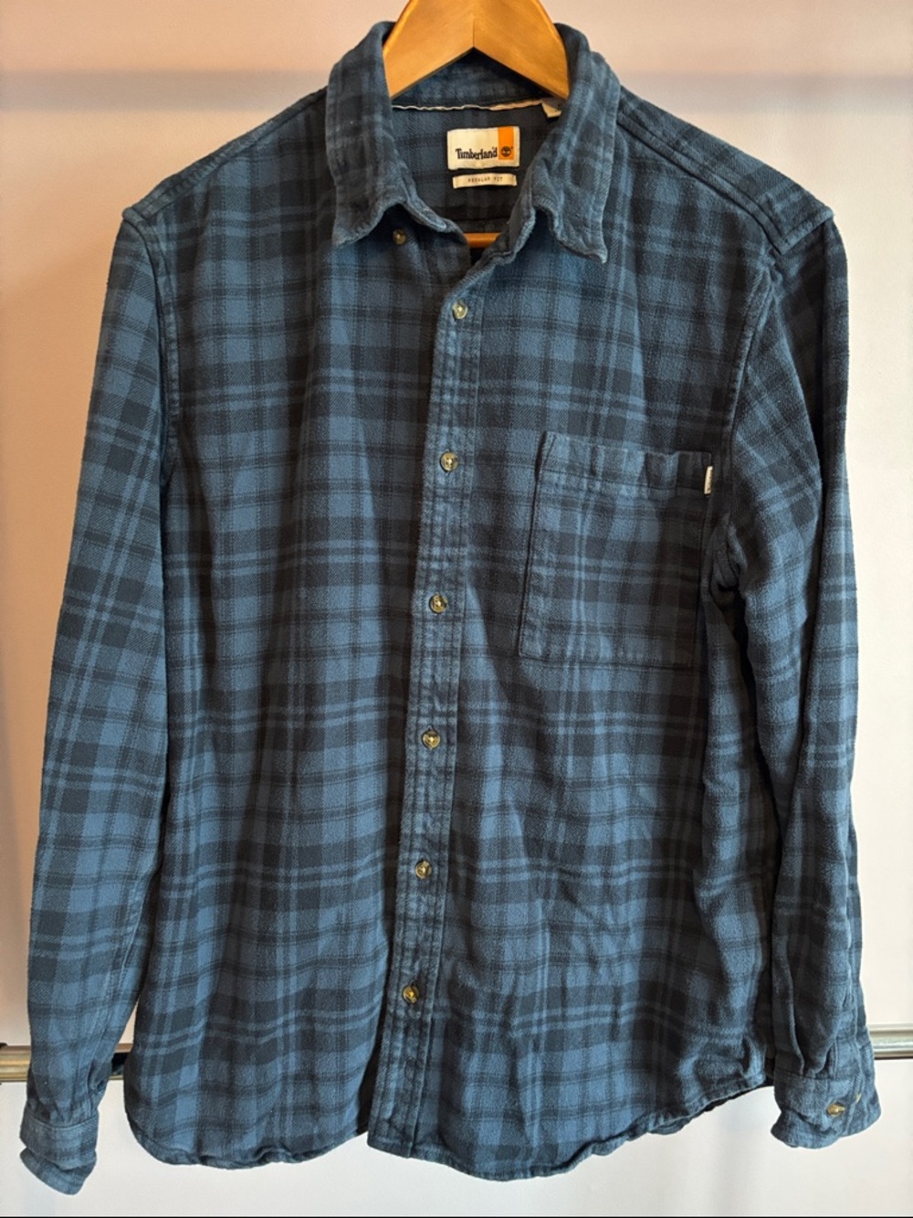 Timberland Men's XL Dark Blue Plaid Cotton Flannel Button-Down Shirt
